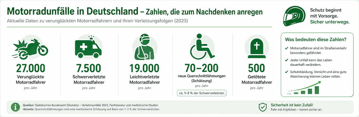 Aktuelle Statistiken zu Motorradunfällen verdeutlichen, warum Motorradfahrer ihr Hobby mit einer umfassenden Absicherung wie Fahrerschutz, Unfallversicherung und Einkommensschutz ergänzen sollten.